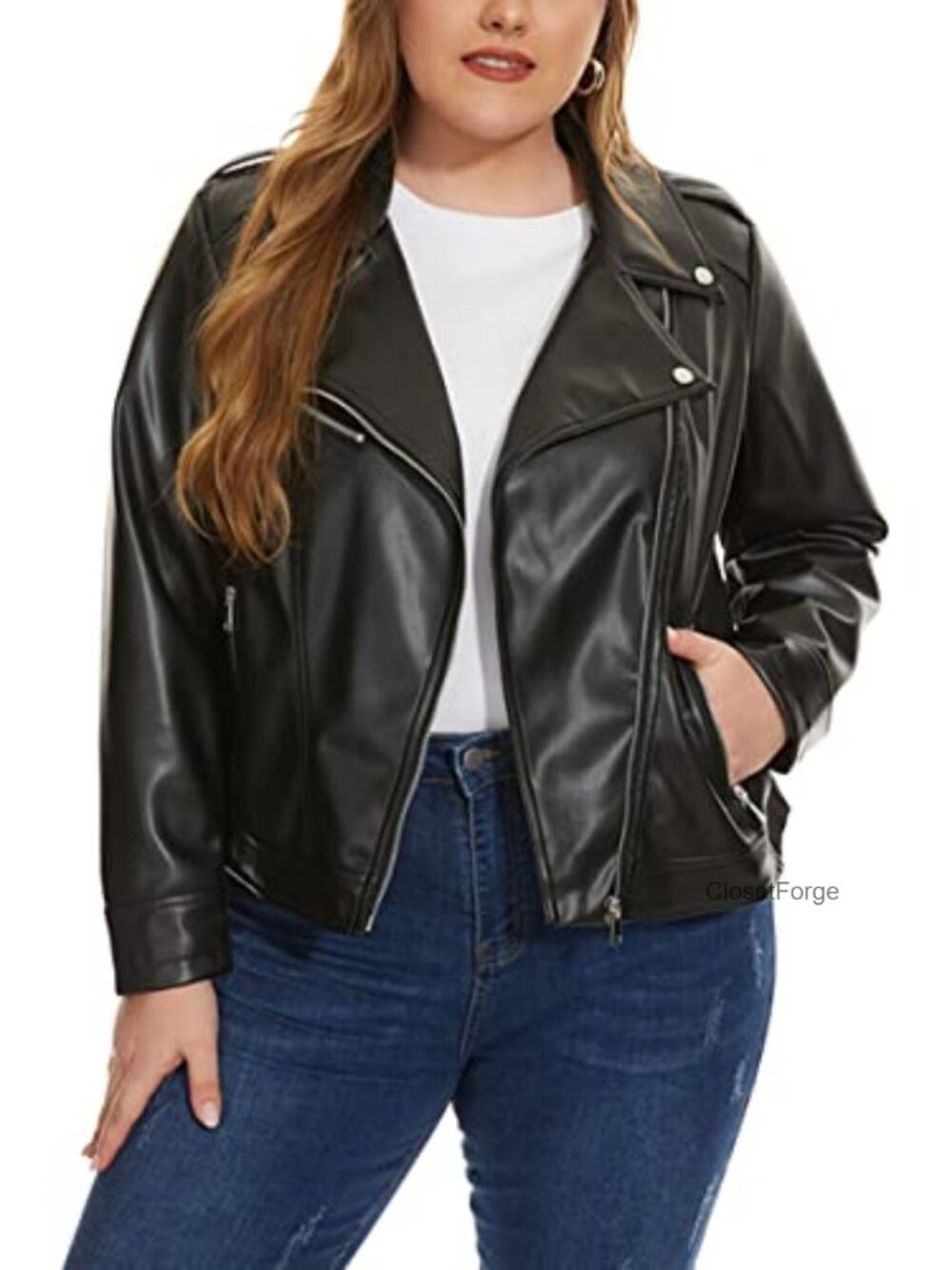 Faux Leather Zip Up Motorcycle Moto Biker Jacket Plus Size